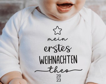 mein erstes Weihnachten 2023 Baby Body oder T-Shirt I Weihnachtsbaum Stern I personalisiert mit Name I Weihnachtsoutfit Baby