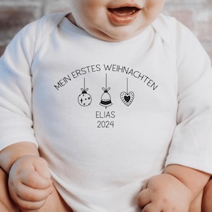 mein erstes Weihnachten 2024 Baby Body oder T-Shirt mit Christbaumschmuck I personalisiert mit Name I Weihnachtsoutfit Baby schlicht