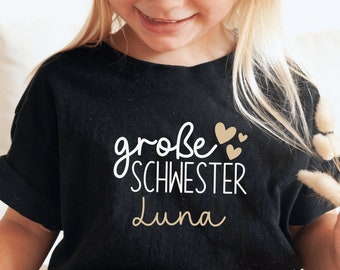 schwarzes T-Shirt oder Baby Body "große Schwester" mit Namen und Herzen oder Sternen I kombinierbar zu Geschwister Outfit