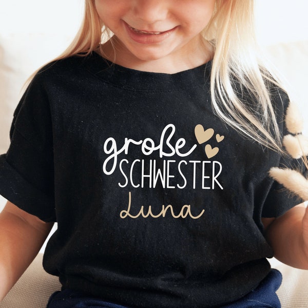 schwarzes T-Shirt oder Baby Body "große Schwester" mit Namen und Herzen oder Sternen I kombinierbar zu Geschwister Outfit