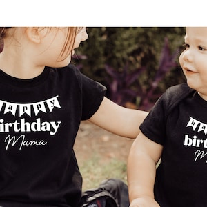 schwarzes T-Shirt oder Baby Body I Happy Birthday Mama oder Wunschtext mit Wimpel I Geburtstags Überraschung I Papa / Opa / Oma / mit Name