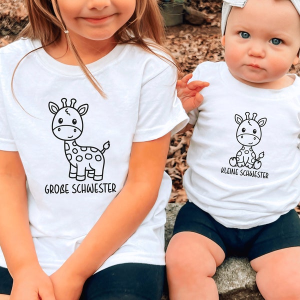 weißes T-Shirt oder Baby Body mit Giraffe I "große Schwester" / "kleine Schwester" oder Wunschtext I zu Geschwister Outfit kombinierbar