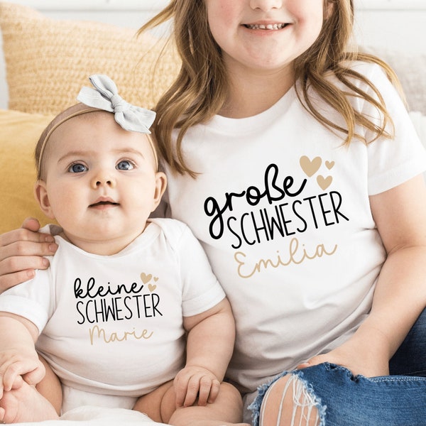 weißes T-Shirt oder Body "große Schwester" / "kleine Schwester" mit Herzen I personalisiert mit Namen I zu Geschwister Outfit kombinierbar