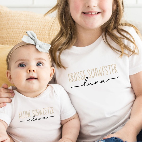 weißes T-Shirt oder Baby Body "grosse Schwester" / "kleine Schwester" personalisiert mit Namen I Geschenk I Geschwister Outfit