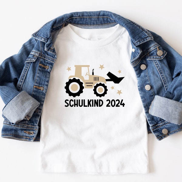 white T-shirt “Schulkind 2024” with tractor and stars, printed in desired color I personalized with name I outfit first day of school