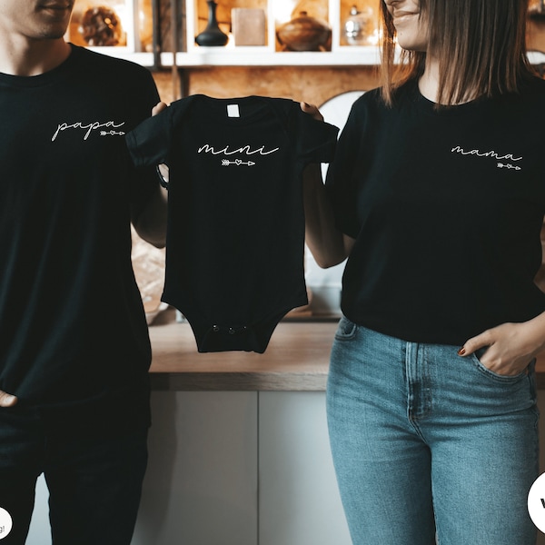 schwarzes T-Shirt oder Baby Body "Mama" / "Papa" / "Mini" I schlicht mit Pfeil und Herz I zu Familien Outfit kombinierbar I Fotoshooting