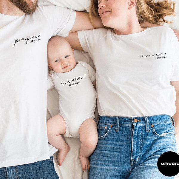 T-shirt bianca o body neonato "Mamma" / "Papà" / "Mini" con freccia e cuore Abbinabile ad un outfit per la famiglia Servizio fotografico Regalo