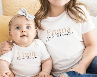 white T-shirt or baby bodysuit I “big sister” / “little sister” I personalized with name I can be combined with a sibling outfit