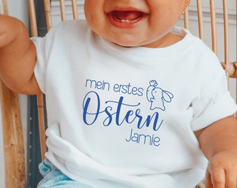 weißes T-Shirt "mein erstes Ostern" oder Wunschtext I personalisiert mit Name I Osterhase Hase Häschen mit Karotte I Druckfarbe wählbar