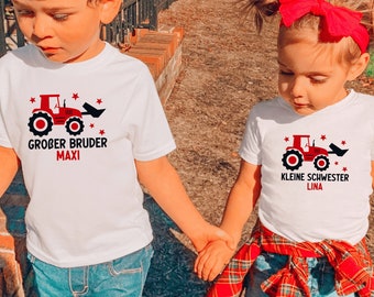 weißes T-Shirt oder Baby Body "großer Bruder" oder Wunschtext I mit Traktor und Sternen I zu Geschwister Outfit kombinierbar I Geschenk