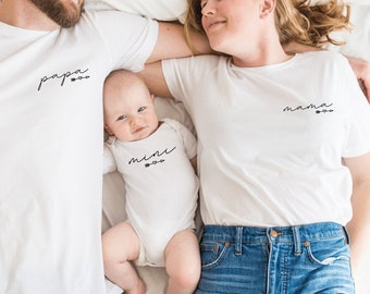 T-shirt blanc ou body bébé "Maman" / "Papa" / "Mini" avec flèche et coeur Je peux être combiné avec une tenue familiale I séance photo I cadeau