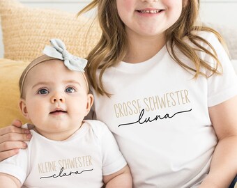 white T-shirt or baby bodysuit "big sister" / "little sister" personalized with name I gift I sibling outfit