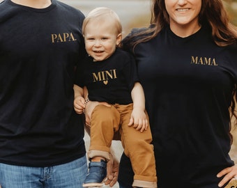 T-Shirt oder Baby Body "Mama" / "Papa" / "Mini" I schwarz schlicht mit Herz I Fotoshooting I Partnerlook I zu Familien Outfit kombinierbar