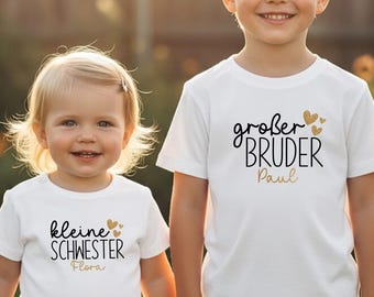 Personalisierte Geschwister Shirts mit Herzen I Druckfarbe, Name & Text wählbar | z.B. "großer Bruder" / "kleine Schwester"