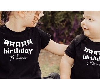 Zwart T-shirt of babybody I Happy Birthday Mama met wimpel I Verjaardagsverrassing I Papa / Opa / Oma / met naam