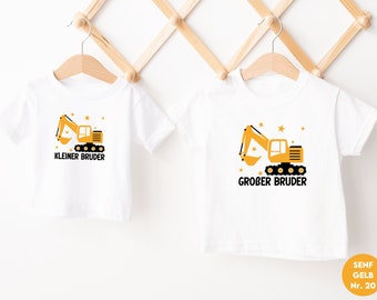 weißes T-Shirt oder Baby Body mit Bagger "kleiner Bruder"  oder Wunschtext I zu Geschwister Outfit kombinierbar I Geschenk I Fotoshooting