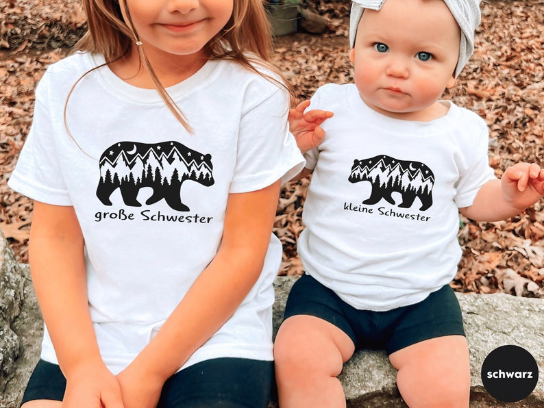 White T-shirt with bear mountains nature big brother 2024 or desired text I can be combined with a sibling outfit I gift big brother image 3