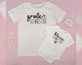 T-Shirt or Baby Body Big Sister Little Sister Customizable with Hearts I Gift Baby Shower I Siblings Photo Shoot
