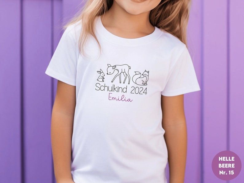 Wit T-shirt Schulkind 2024 met bosdieren I konijn hert vos I cadeau voor startende school I gepersonaliseerd met naam I eerste schooldag afbeelding 2