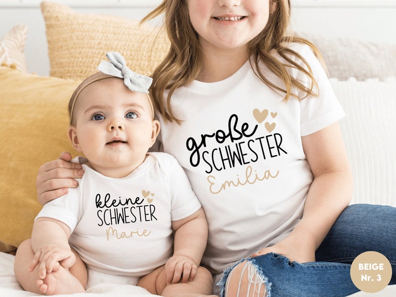 White T-shirt or bodysuit big sister / little sister with hearts I personalized with name I can be combined with a sibling outfit image 1