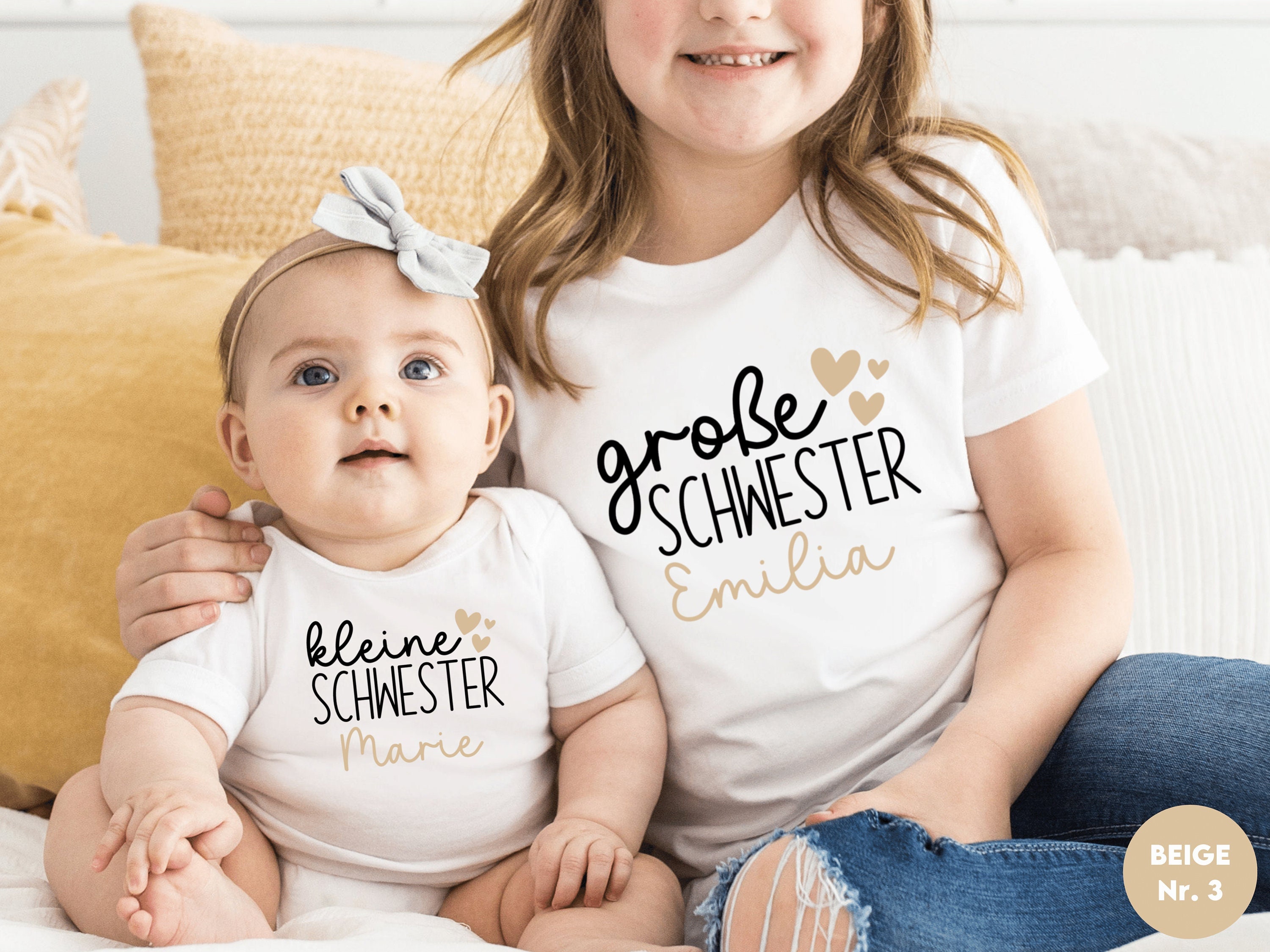 White T-shirt or bodysuit "big sister" / "little sister" with hearts | personalized with name | can be combined to a sibling outfit