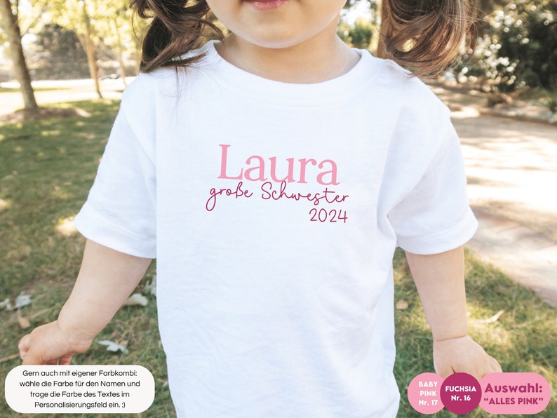 weißes T-Shirt oder Langarm Shirt große Cousine 2024 oder Wunschtext I personalisiert mit Namen I Verkündung zweites Kind I Geschenk Bild 2