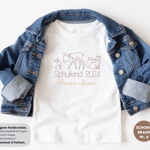 Wit T-shirt Schulkind 2024 met bosdieren I konijn hert vos I cadeau voor startende school I gepersonaliseerd met naam I eerste schooldag afbeelding 6