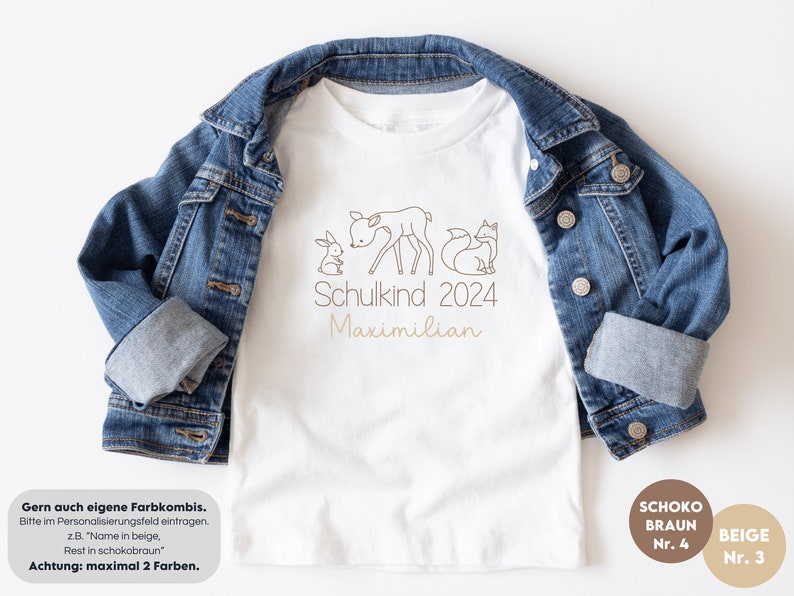 T-shirt blanc Schulkind 2024 avec des animaux de la forêt I lapin cerf renard I cadeau pour la rentrée scolaire I personnalisé avec mon nom I premier jour d'école image 6