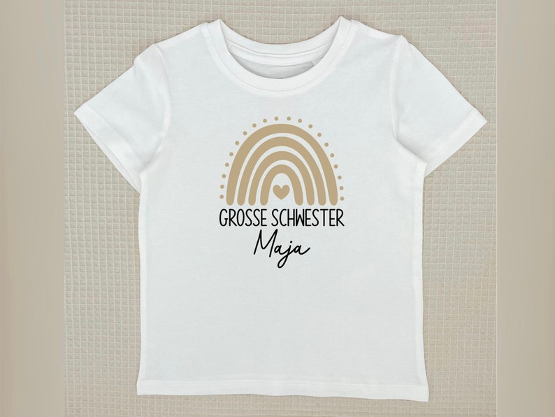 White T-shirt or baby bodysuit big sister / little sister with name and boho rainbow I can be combined with a sibling outfit image 3