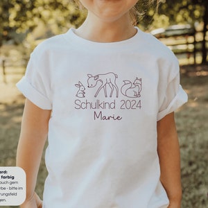 Wit T-shirt Schulkind 2024 met bosdieren I konijn hert vos I cadeau voor startende school I gepersonaliseerd met naam I eerste schooldag afbeelding 4