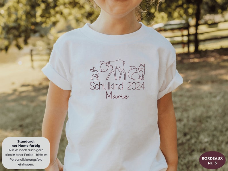 Wit T-shirt Schulkind 2024 met bosdieren I konijn hert vos I cadeau voor startende school I gepersonaliseerd met naam I eerste schooldag afbeelding 4