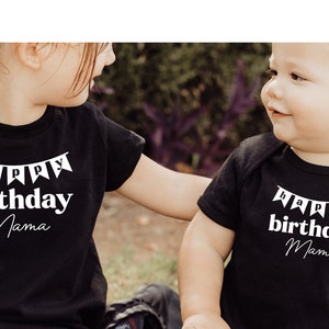 schwarzes T-Shirt oder Baby Body I Happy Birthday mit Wimpel I Geburtstags Überraschung I Familien Shirt für Geburtstage Tradition Bild 2