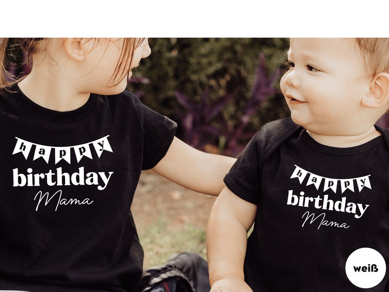schwarzes T-Shirt oder Baby Body I Happy Birthday mit Wimpel I Geburtstags Überraschung I Familien Shirt für Geburtstage Tradition Bild 2
