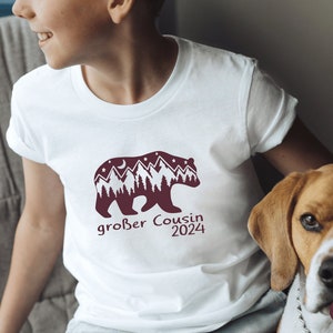 White T-shirt with bear mountains nature big brother 2024 or desired text I can be combined with a sibling outfit I gift big brother image 4