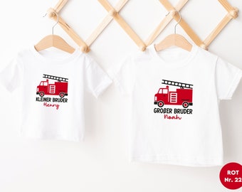 weißes T-Shirt oder Baby Body "großer Bruder" oder Wunschtext mit Feuerwehrauto I Geschenk I zu Geschwister Outfit kombinierbar I Feuerwehr