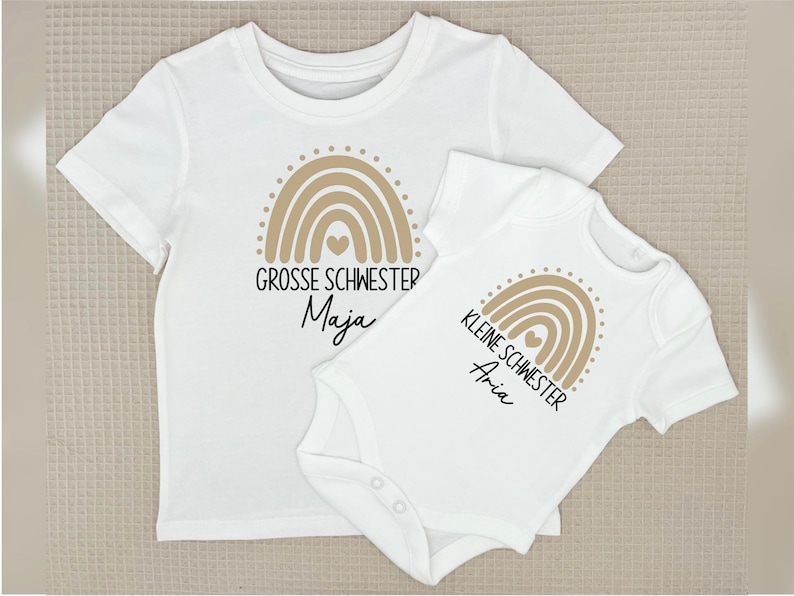 White T-shirt or baby bodysuit big sister / little sister with name and boho rainbow I can be combined with a sibling outfit image 1