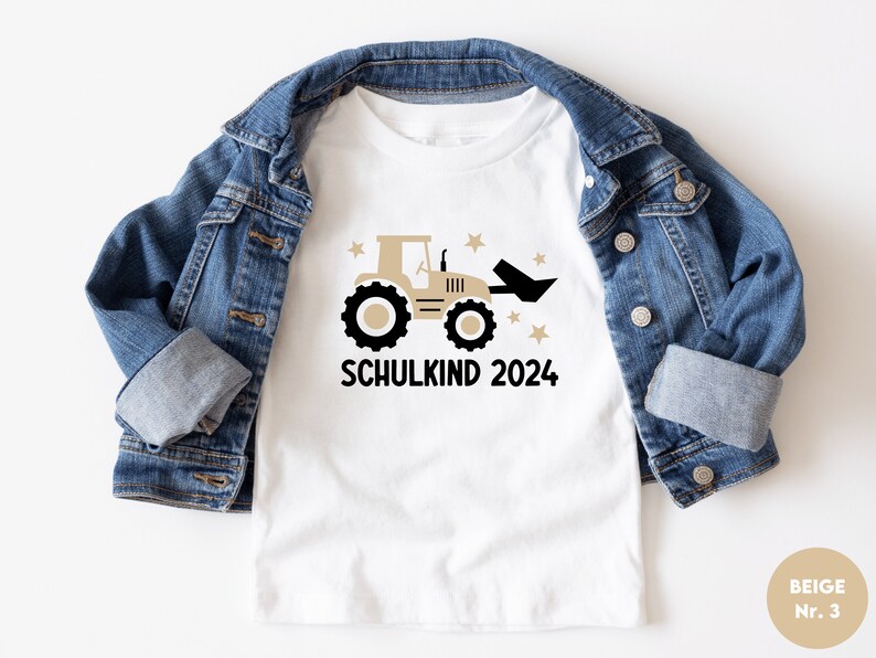 Camiseta blanca Schulkind 2024 con tractor y estrellas, impresa en el color deseado Personalicé con nombre que regalo por inscripción escolar imagen 4