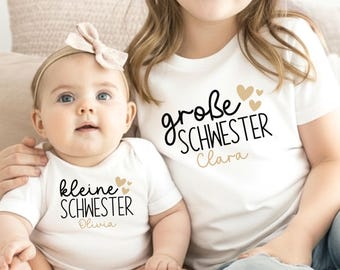 Personalisiertes Geschwister Outfit mit Herzen I T-Shirt oder Babybody mit Namen & Wunschtext| z.B. "große Schwester" / "kleiner Bruder"