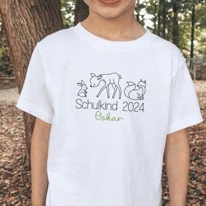 Wit T-shirt Schulkind 2024 met bosdieren I konijn hert vos I cadeau voor startende school I gepersonaliseerd met naam I eerste schooldag afbeelding 5