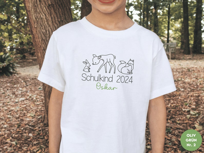 T-shirt blanc Schulkind 2024 avec des animaux de la forêt I lapin cerf renard I cadeau pour la rentrée scolaire I personnalisé avec mon nom I premier jour d'école image 5