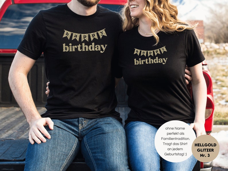 schwarzes T-Shirt oder Baby Body I Happy Birthday mit Wimpel I Geburtstags Überraschung I Familien Shirt für Geburtstage Tradition Bild 1