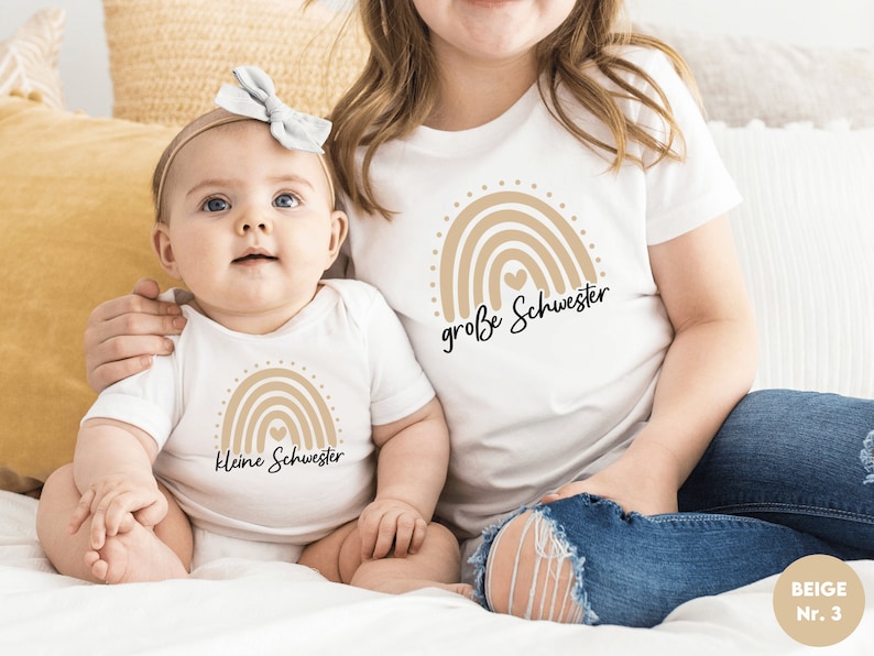 weißes T-Shirt oder Baby Body große Schwester 2024 boho Regenbogen I Verkündung zweites Kind I Geschenk Geschwister Geburt Bild 3