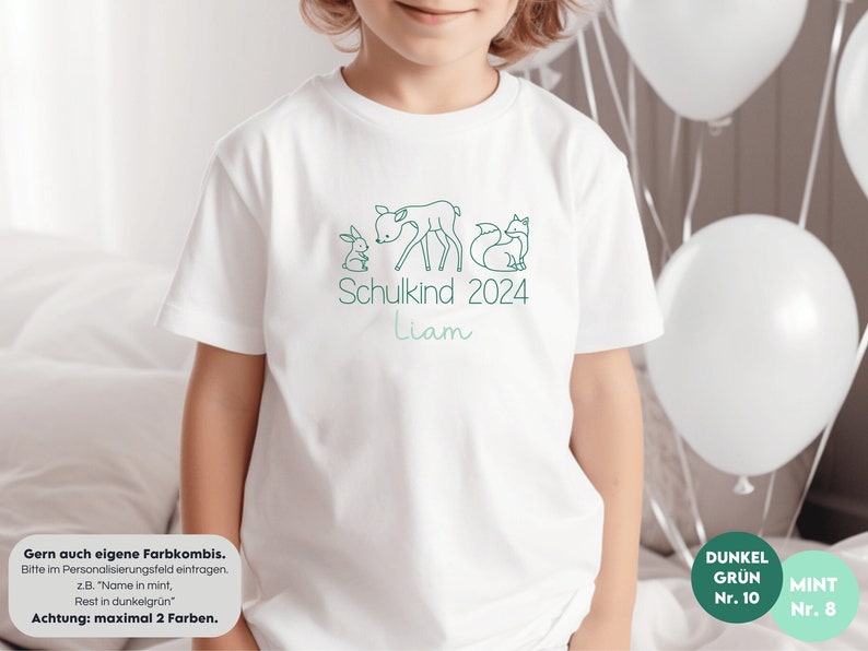Wit T-shirt Schulkind 2024 met bosdieren I konijn hert vos I cadeau voor startende school I gepersonaliseerd met naam I eerste schooldag afbeelding 1