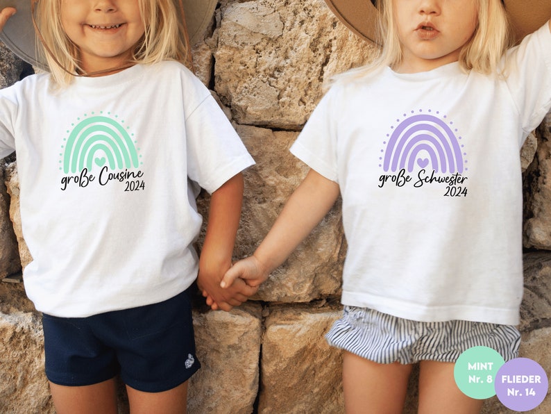 weißes T-Shirt oder Baby Body große Schwester 2024 boho Regenbogen I Verkündung zweites Kind I Geschenk Geschwister Geburt Bild 2