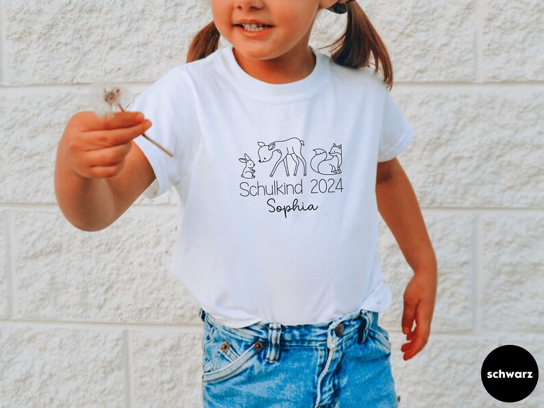 Wit T-shirt Schulkind 2024 met bosdieren I konijn hert vos I cadeau voor startende school I gepersonaliseerd met naam I eerste schooldag afbeelding 3