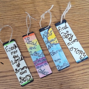 Wood Burned Assorted Text Bookmarks 4 Pack with String Pull