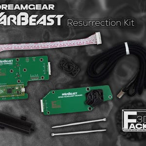 May include: A kit for a guitar controller, featuring green circuit boards, a black cable, and white zip ties. The kit includes the text "DREAMGEAR WARBEAST Resurrection Kit" and the "3D ACK" logo.