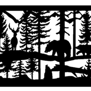 May include: Black and white silhouette of a deer, two bears, and pine trees in a forest setting.