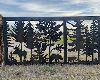 Decorative Rustic Metal Panel, Metal Panel Insert, Wildlife Scenery with Bear and Moose Metal Panel