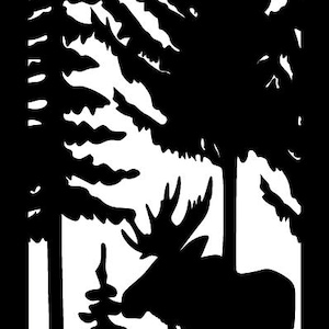 May include: Black and white silhouette of a moose standing in a forest with two pine trees. The moose is facing left and has large antlers. The trees are tall and slender.
